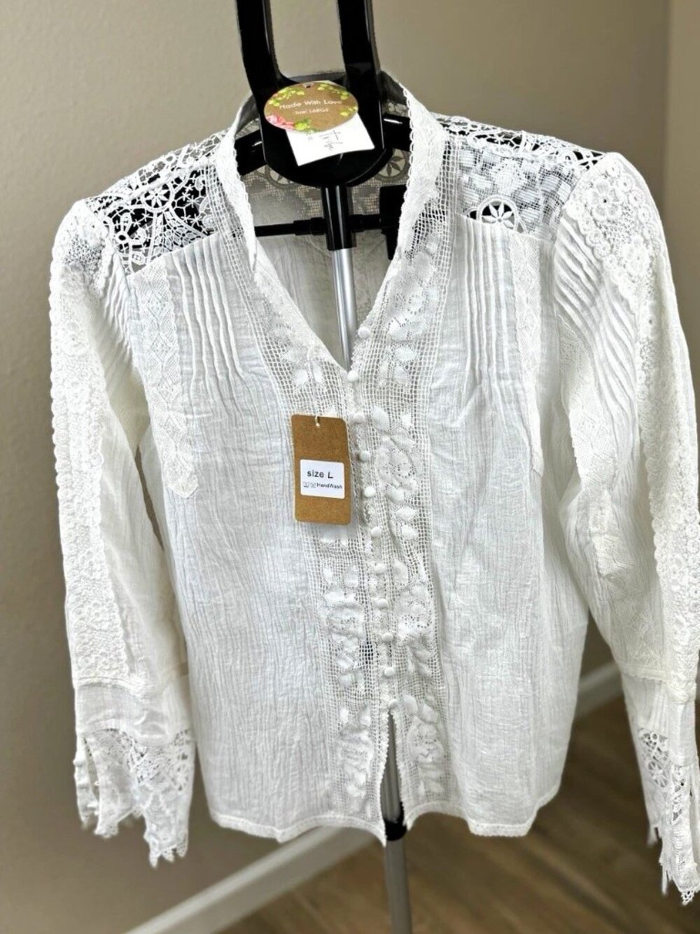 Lavender Tribe Design Co White Lace Cotton Blouse Size L NWT